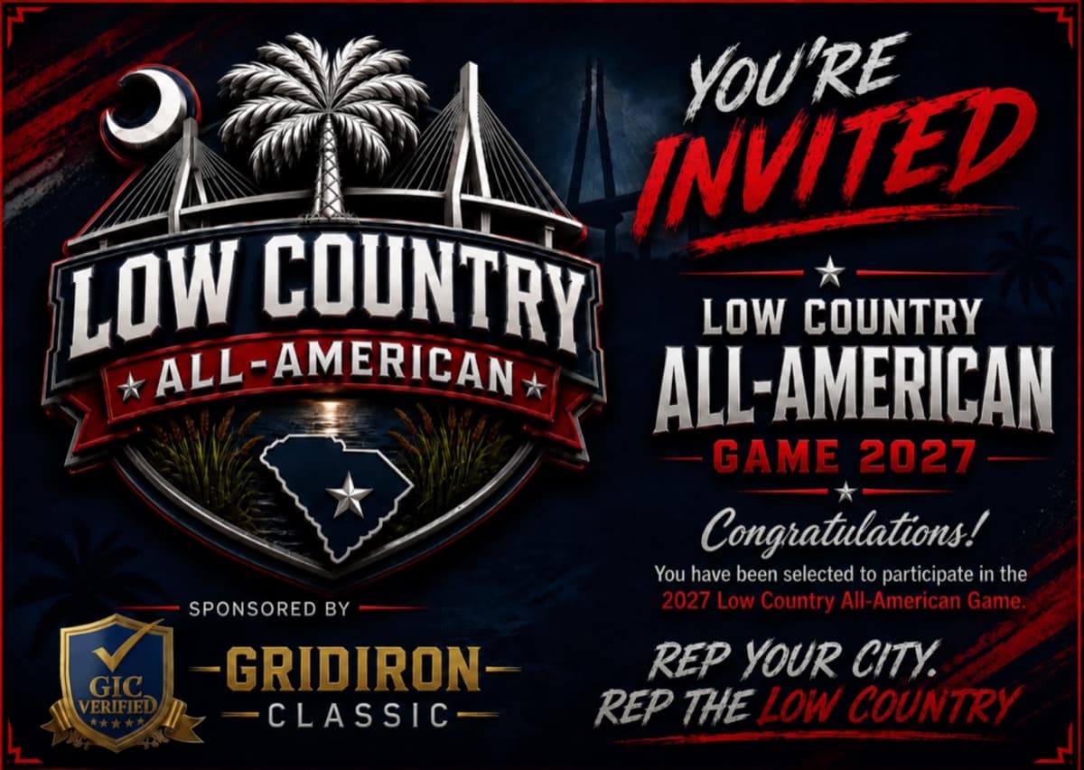 You're invited to the Low Country All-American Game 2027 — congratulations, you have been selected to participate. Sponsored by Gridiron Classic.